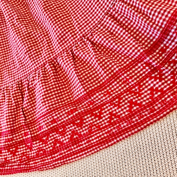 OLD NAVY Smocked Embroidered Tiered Red White Gingham Plaid Mini Dress w Pockets - Picture 6 of 14